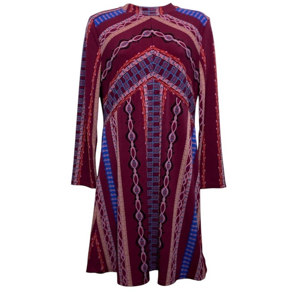 Free People Stella Dress Size S Mock Neck Long Sleeve Jersey Aztec Print Midi